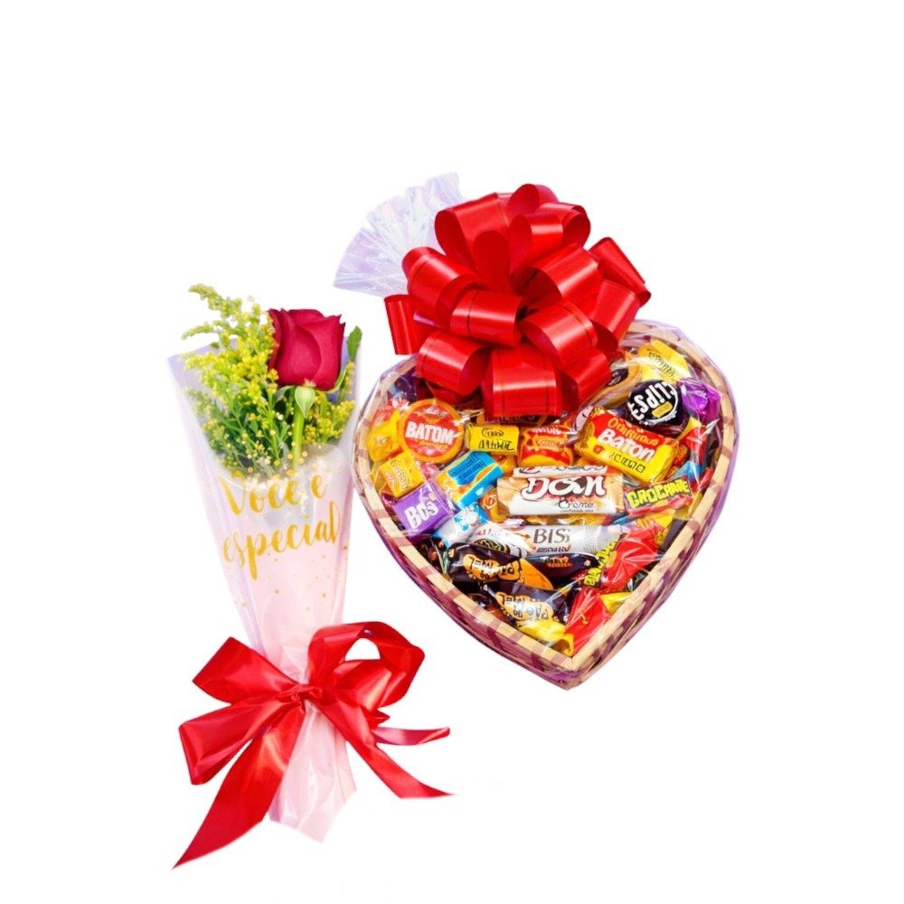 Combo com Coração de Chocolate  Rosa Vermelha