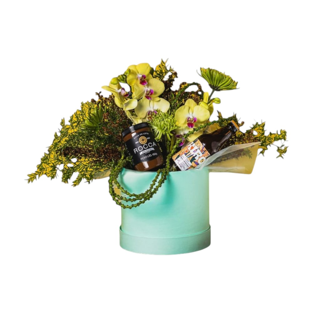 Box com Flores, Doce de Leite e Bebida Meu Docin