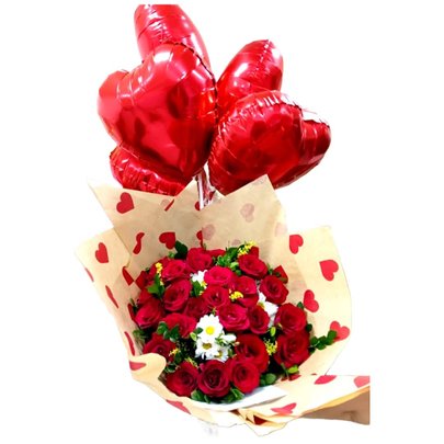 Buquê Encanto de Rosas, Margaridas e Balões