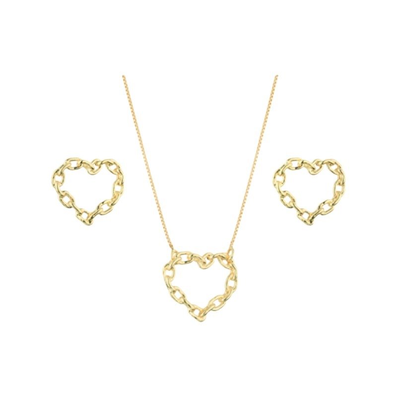Conjunto Colar e Brinco  Coração Corrente Semijoia
