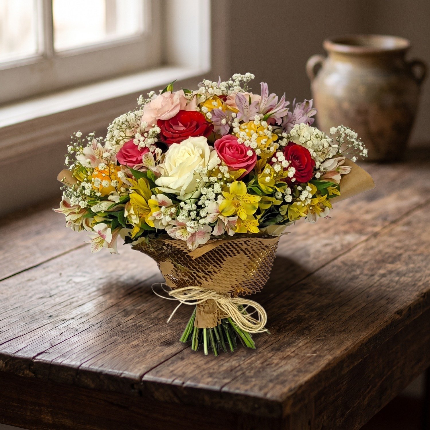 Buquê Misto com Rosas e Flores Campestres