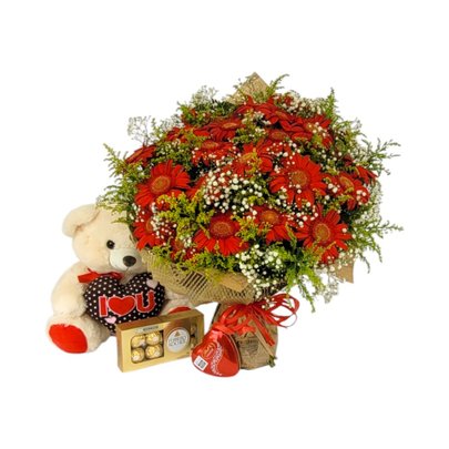 Buquê Com 24 Gérberas Pelúcia e Chocolate Ferrero