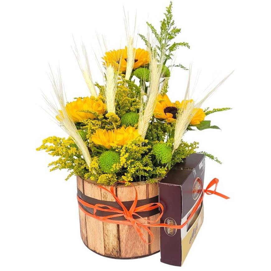 Cachepô Girassol e Chocolates 