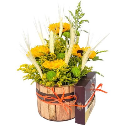 Cachepô Girassol e Chocolates