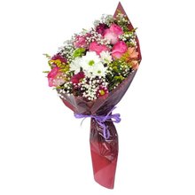 Buquê de Flores do Campo Margarida e Rosas Cor de Rosa