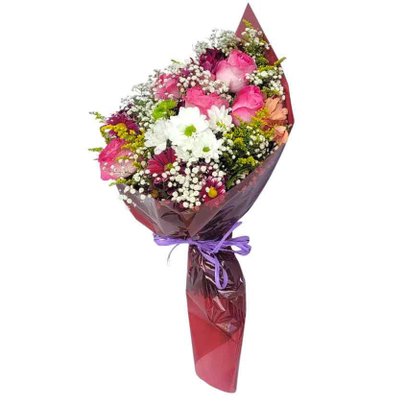 Buquê de Flores do Campo Margarida e Rosas Cor de Rosa