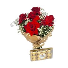 Buquê com 6 Rosas Colombianas e Chocolate