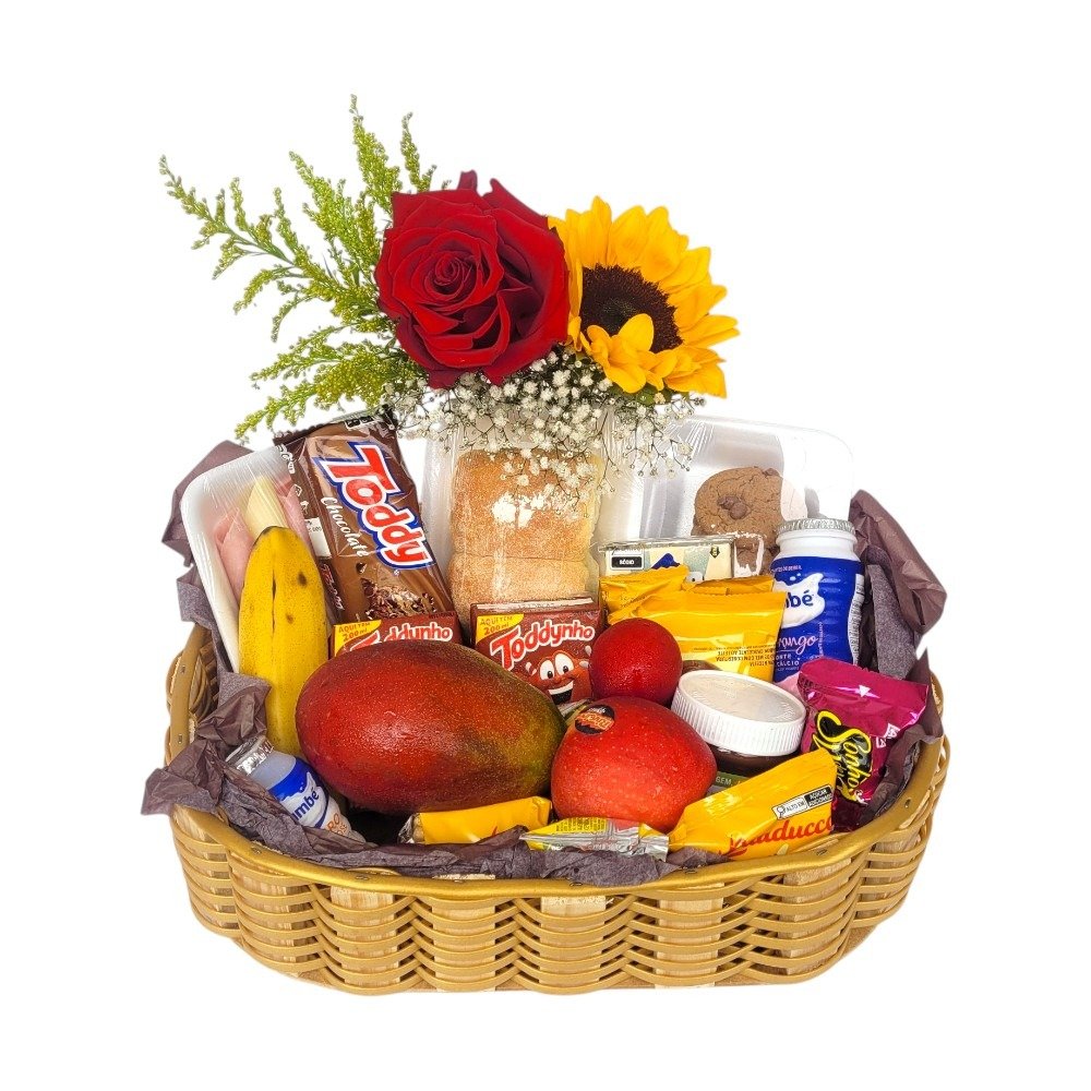 Cesta de Café da Manhã em Bandeja Frutas Flores