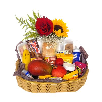 Cesta de Café da Manhã em Bandeja Frutas Flores