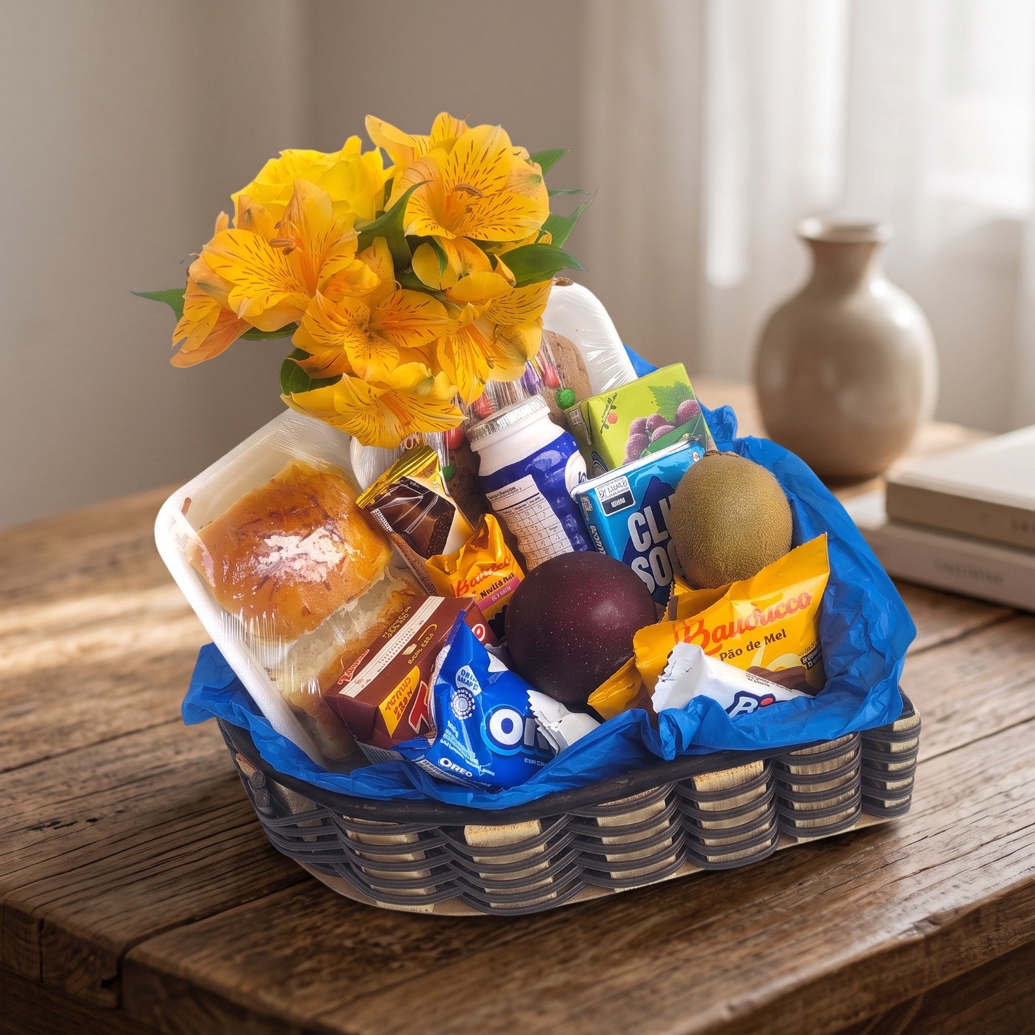 Cesta Romântica Forma de Coração Com Flores e Frutas 