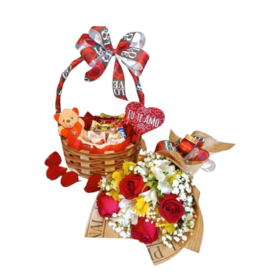 Kit Romântico Cesta Chocolate & Buquê de Rosas
