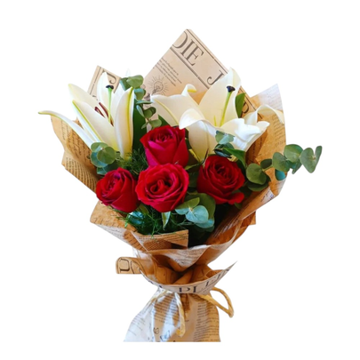 Buquê Lírios e Rosas Vermelhas Minimalista Poético