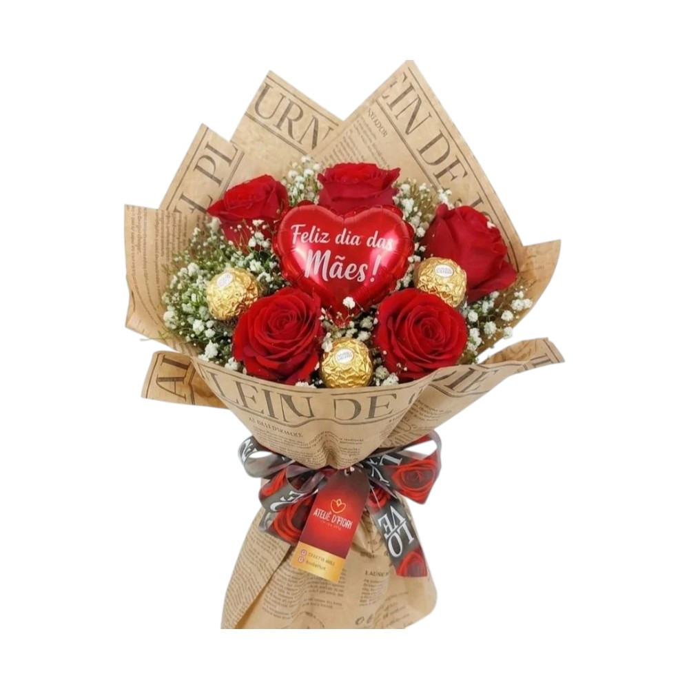 Buquê de Rosas com Ferrero Rocher Encanto de Mãe 