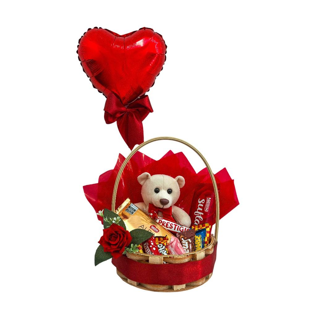 Cesta amor com chocolate e ursinho
