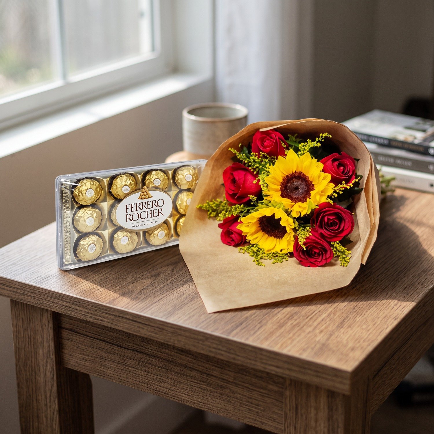 Buquê De 2 Girassóis E 6 Rosas Vermelhas Com Ferrero