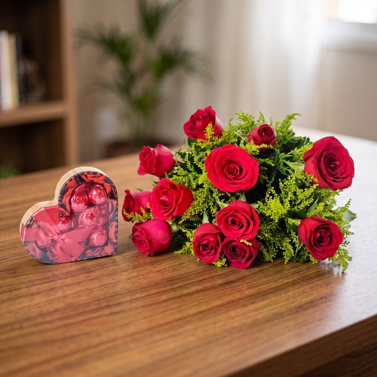 Buquê De 12 Rosas Vermelhas Com Chocolate Coração