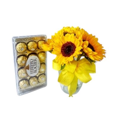 Arranjo 4 Girassóis No Vaso Com Ferrero Rocher