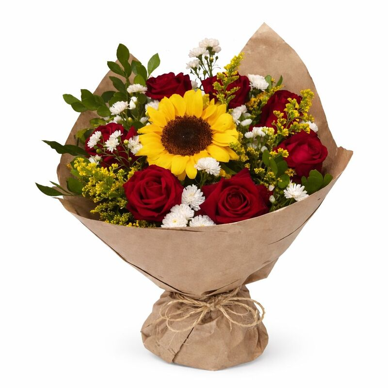 Buquê Girassol com Rosas Vermelhas Premium