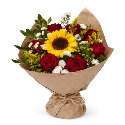 Buquê Girassol com Rosas Vermelhas Premium