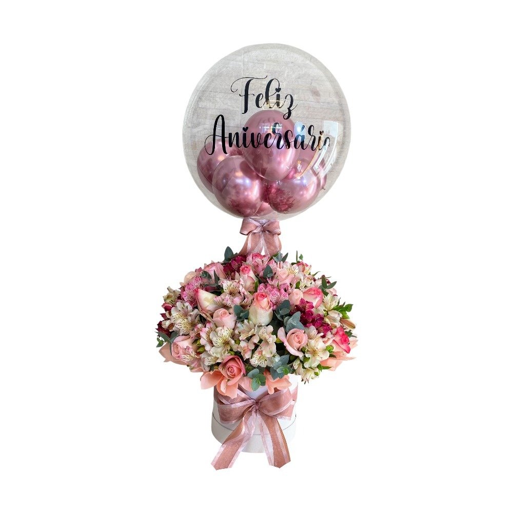 Arranjo de Flores na Caixa G e Balão Personalizado