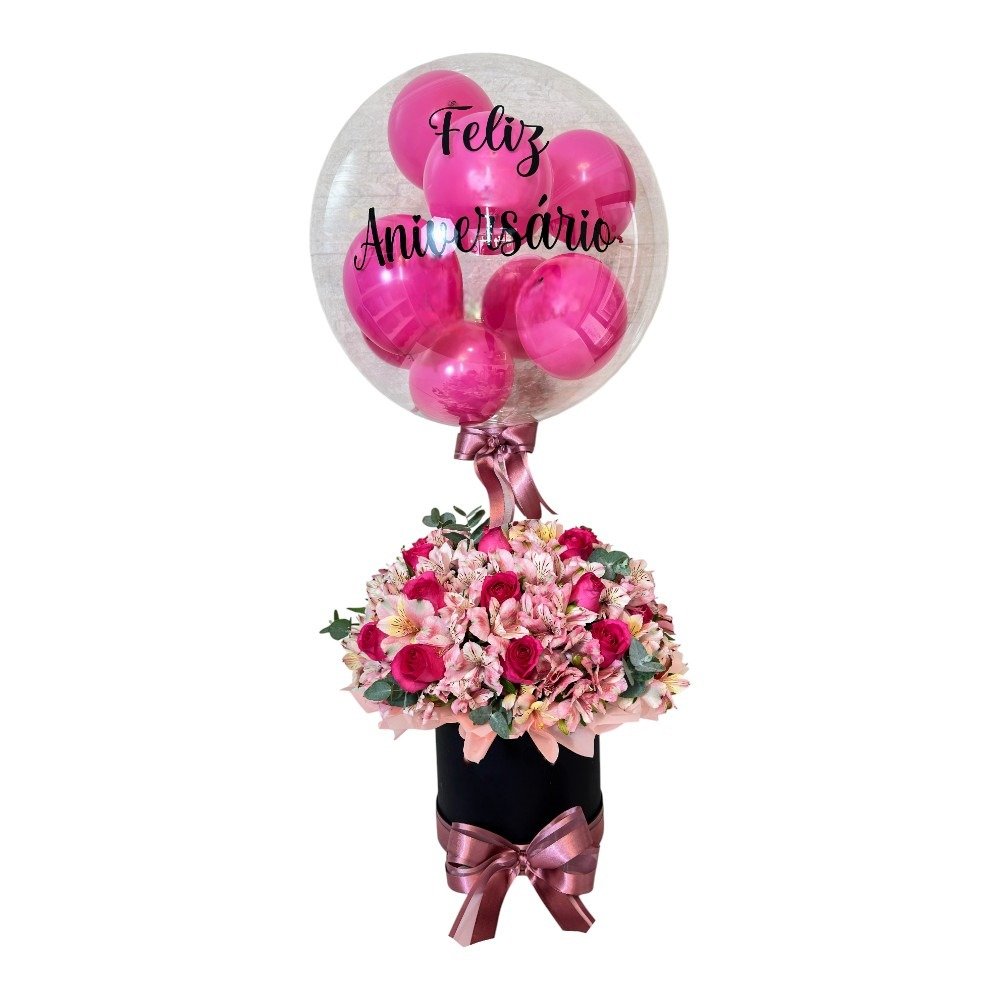 Arranjo de Flores na Box M e Balão Personalizado