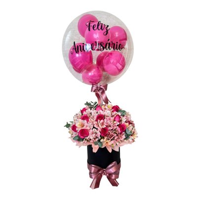 Arranjo de Flores na Box M e Balão Personalizado
