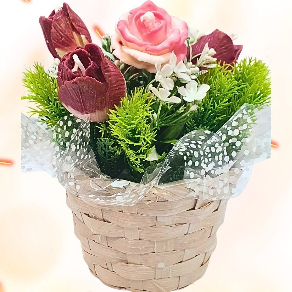Cesta Arranjo de Velas Aromáticas Rosa e Tulipas