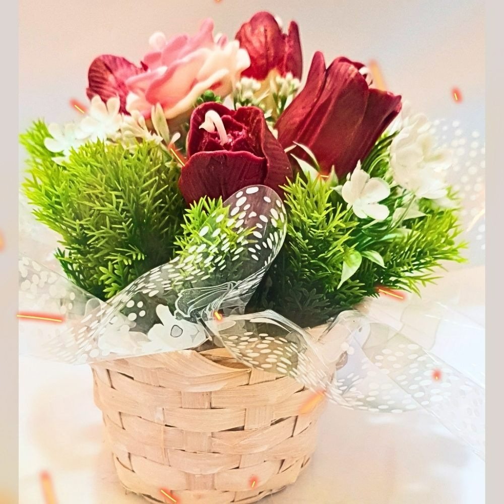 Cesta Arranjo de Velas Aromáticas Rosa e Tulipas