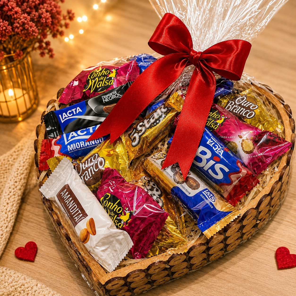 Cesta Coração Bombons Favoritos Lacta Laço Vermelho