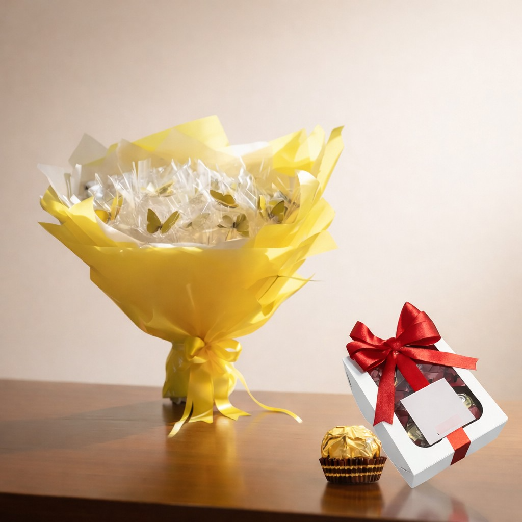 Buquê Borboleta Amarela Pisca Led 30 Un e Ferrero 