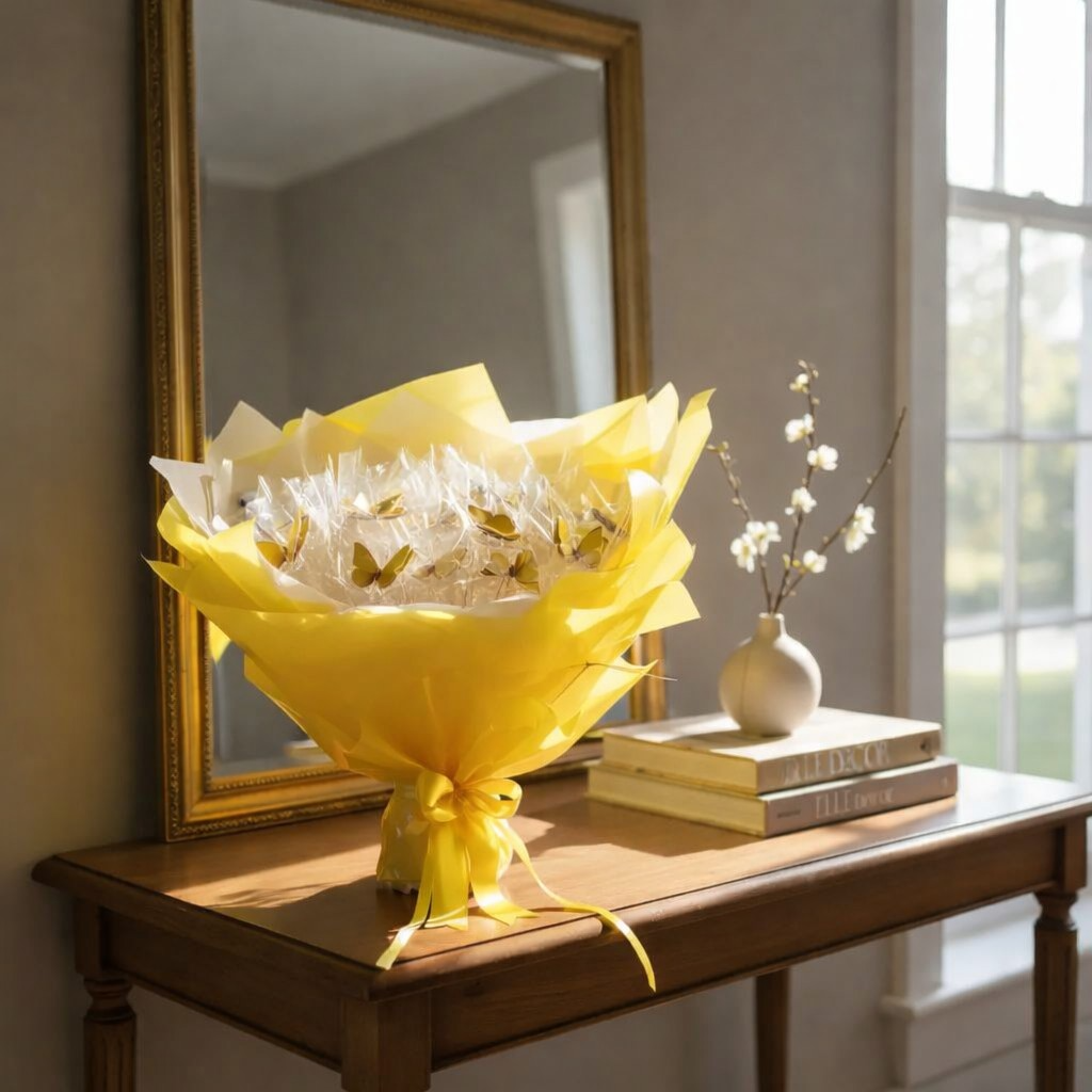 Buquê Borboleta Amarela Pisca Led 30 Un e Ferrero 