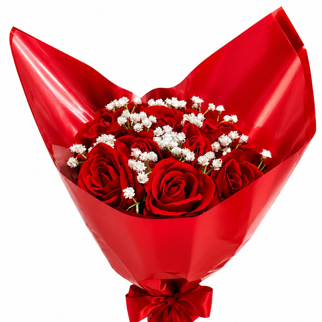 Buquê 12 Rosas Vermelhas Gipsofilas Artificiais