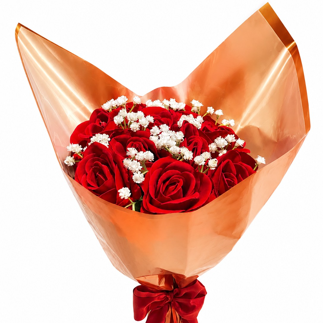 Buquê 12 Rosas Vermelhas Gipsofilas Artificiais