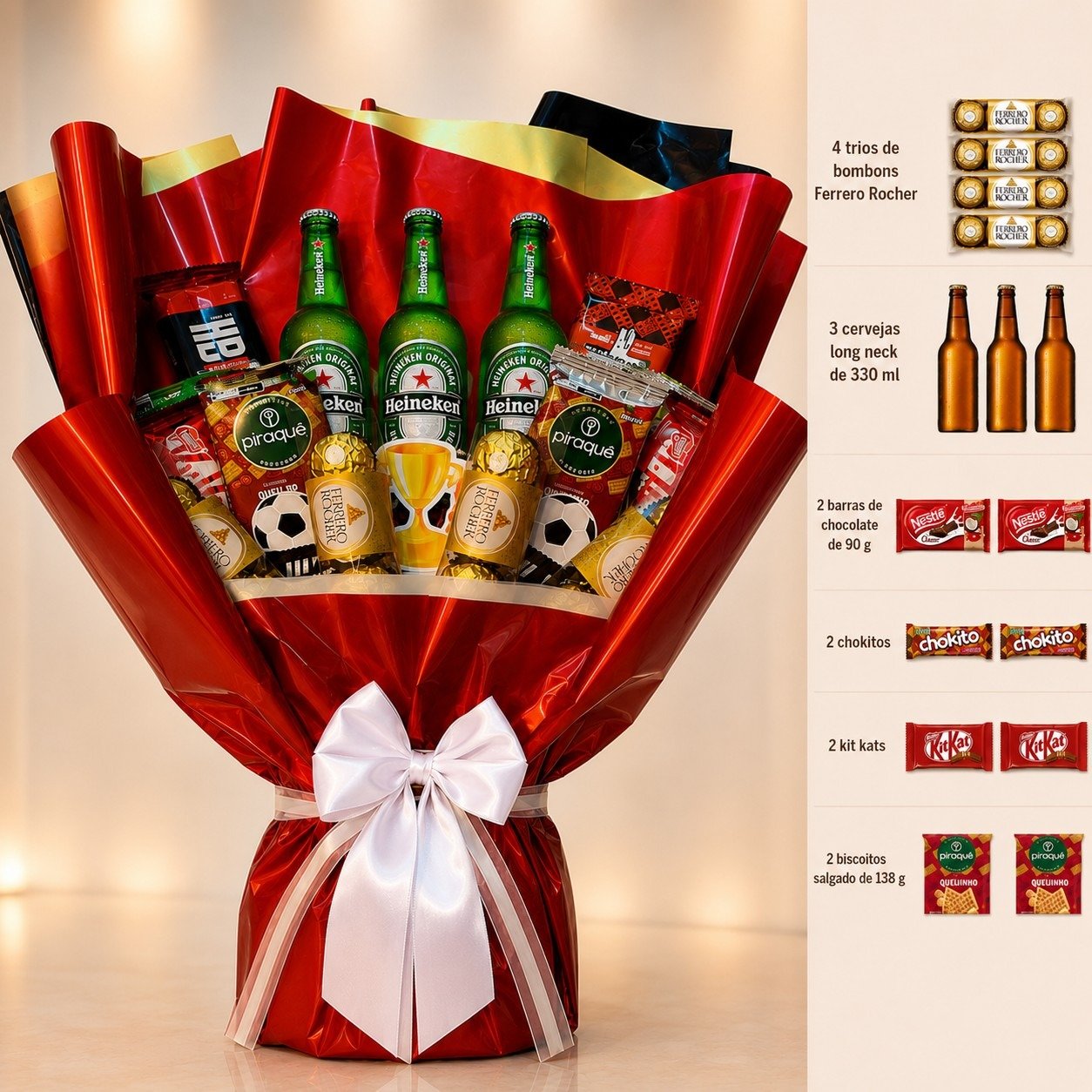 Buquê 3 Cervejas Heineken  Chocolates Petiscos