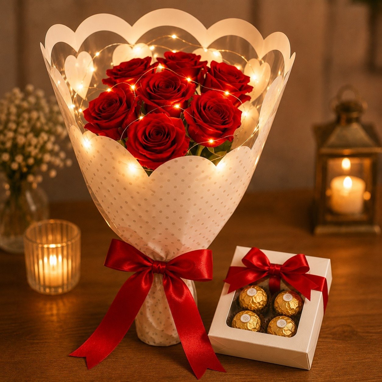 Buquê 7 Rosas Vermelhas Artificiais+ Pisca Led+Ferrero