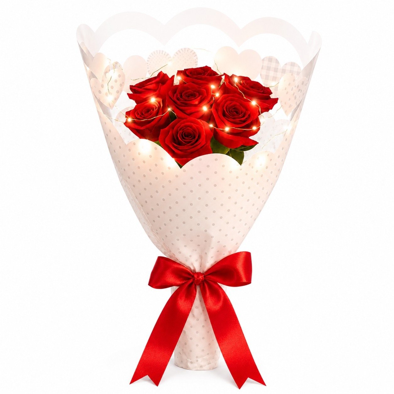 Buquê 7 Rosas Vermelhas Artificiais+ Pisca Led+Ferrero