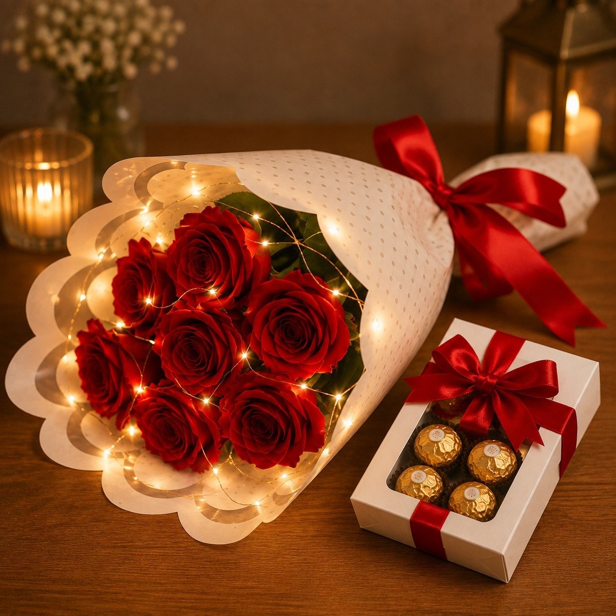 Buquê 7 Rosas Vermelhas Artificiais+ Pisca Led+Ferrero