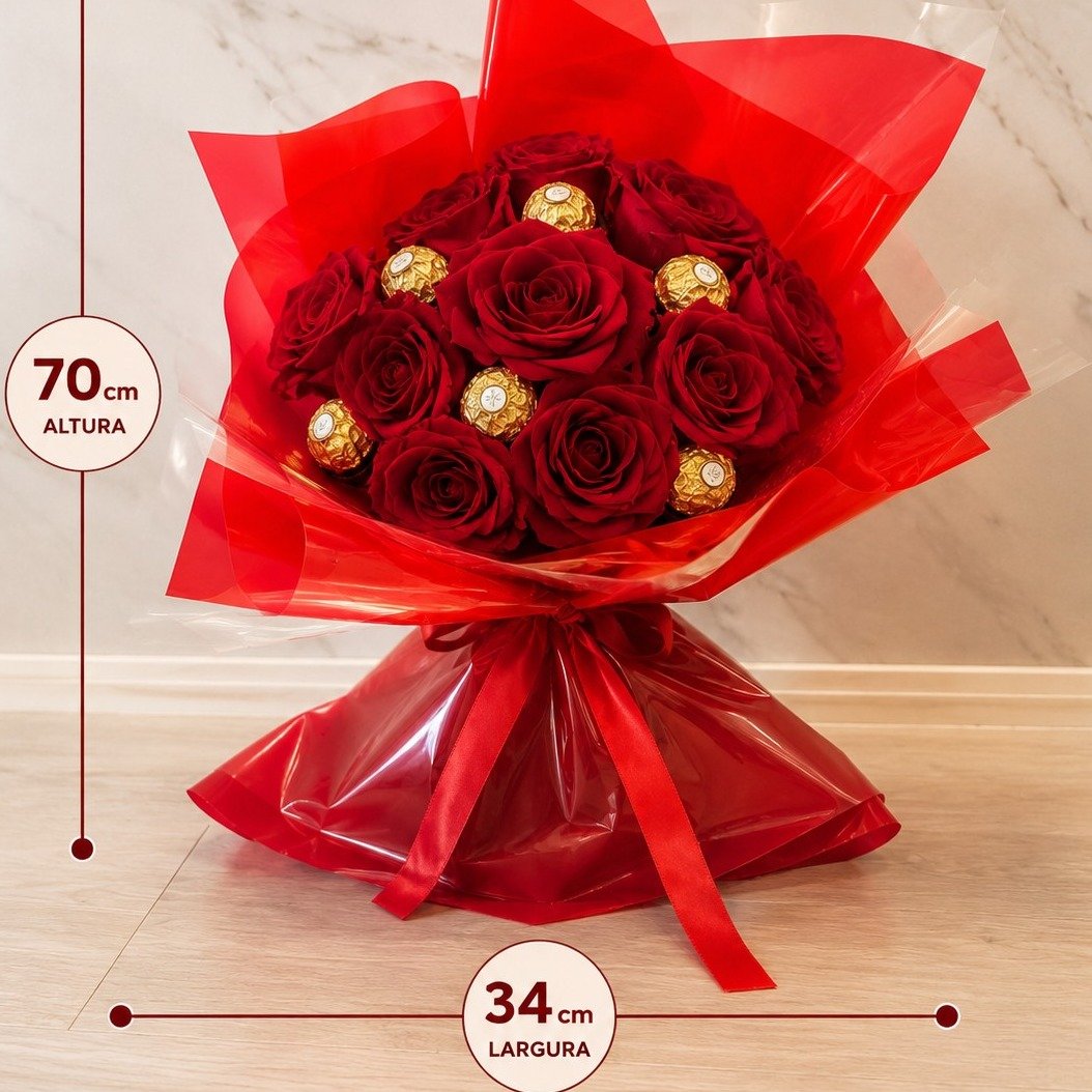 Buquê 12 Rosas Vermelhas Artificiais 6 Ferreros Rocher
