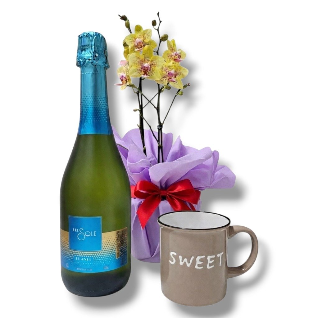 Cesta Especial de Chocolate Lindt e Vinho com Orquídea