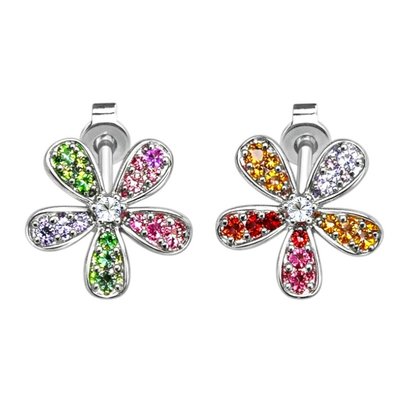 Brinco Flor Cravejado Colorido Banhado A Ródio Branco