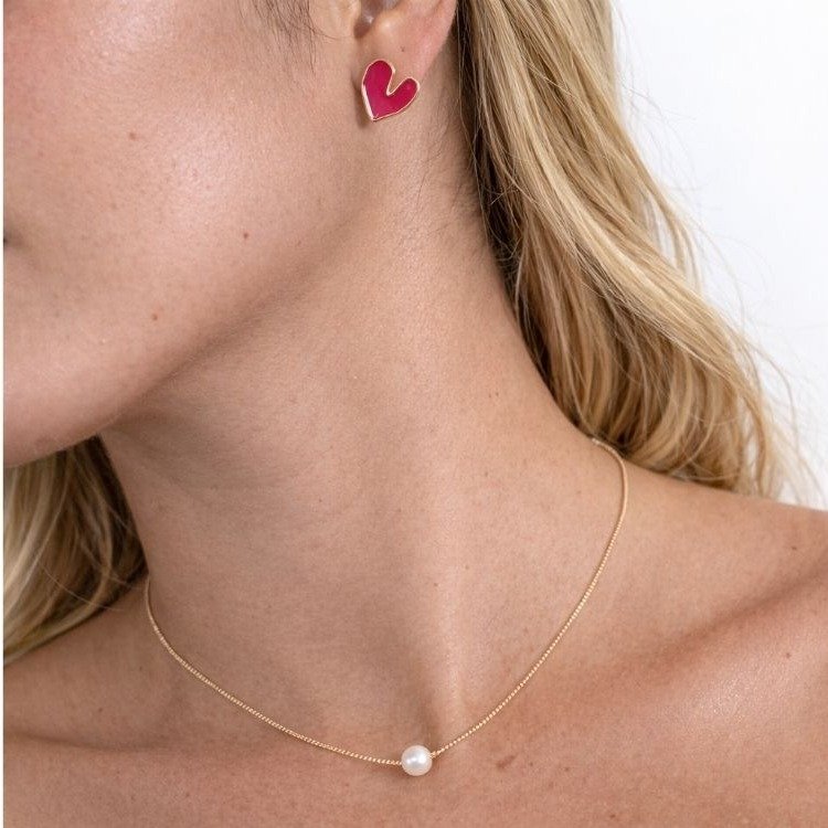 Conjunto Colar e Brinco Coração Rosa Banho Ouro 18k