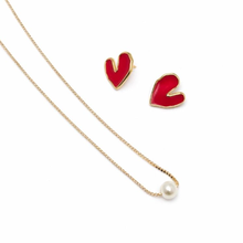 Conjunto Colar e Brinco Coração Vermelho B.Ouro 18k