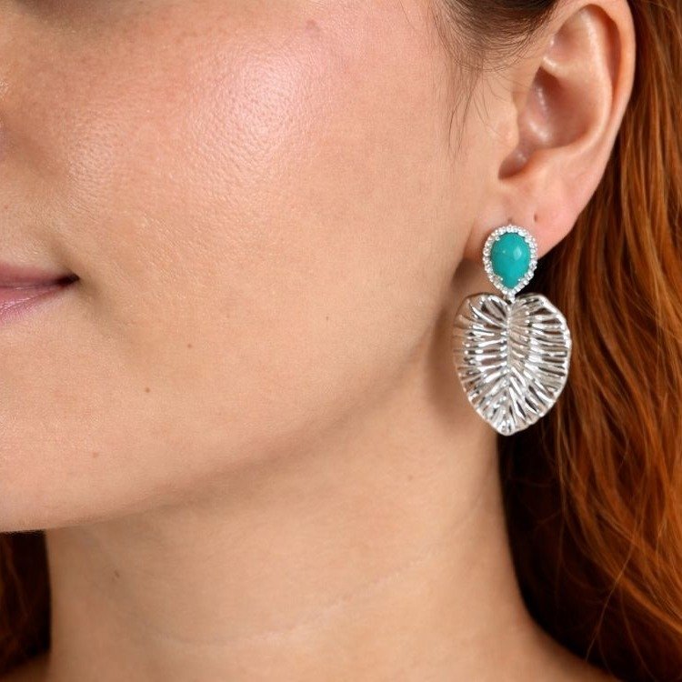 Conjunto Turquesa Ródio Branco Colar Brinco e Pulseira