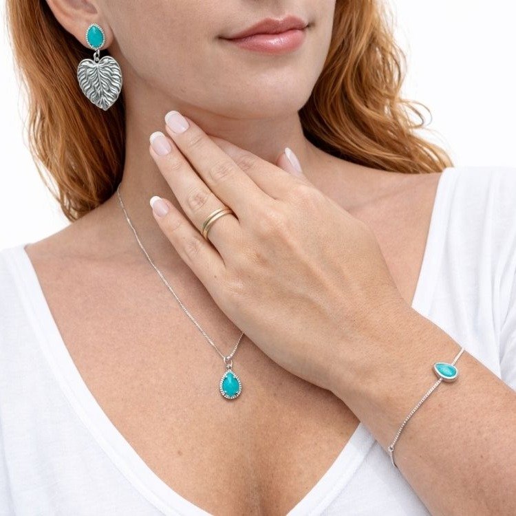 Conjunto Turquesa Ródio Branco Colar Brinco e Pulseira