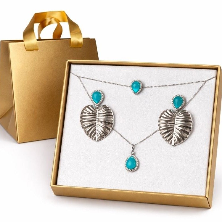 Conjunto Turquesa Ródio Branco Colar Brinco e Pulseira