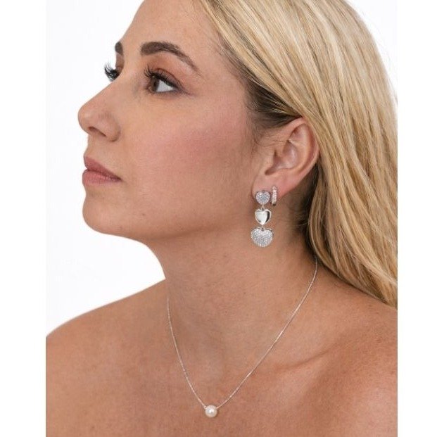 Conjunto Colar e Brinco de Coração Ródio Branco