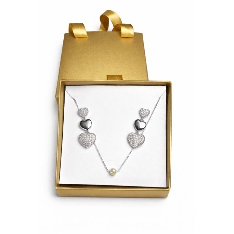 Conjunto Colar e Brinco de Coração Ródio Branco