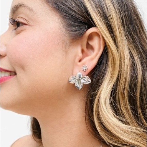 Brinco Flor Invertida Banhado a Ródio Branco
