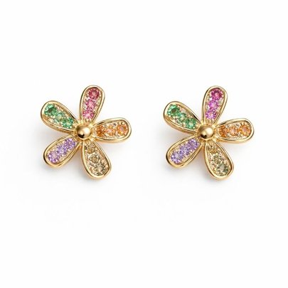 Brinco Flor Cravejado Colorido Banhado A Ouro 18k