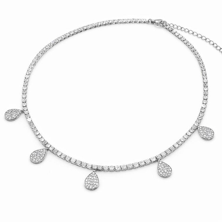 Colar Riviera Gotas Cravejadas Ródio Branco